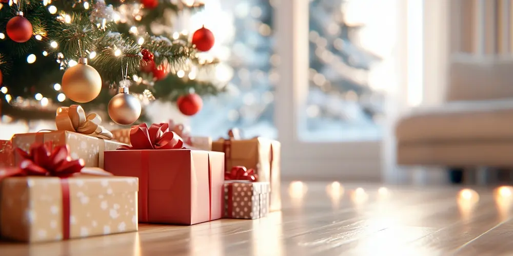 Paquets cadeaux de Noël emballés de papier rouge et kraft au pied d’un sapin décoré de boules rouges et dorées